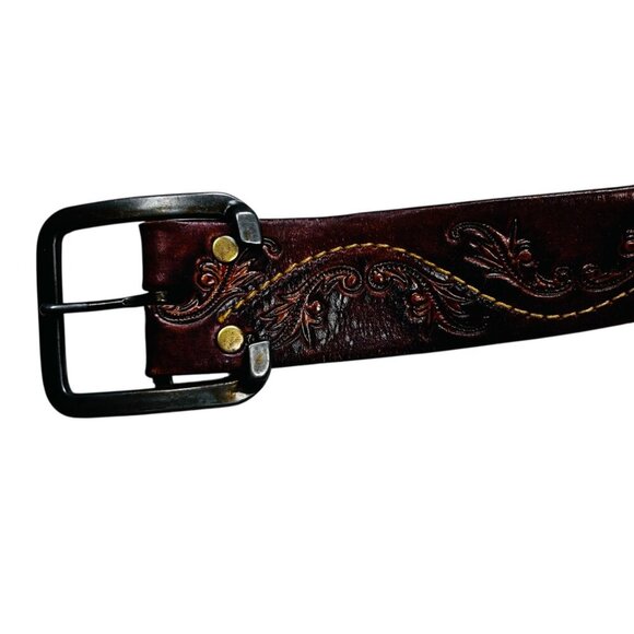 King of Jeans Leather Belt 30 Brown Western Tooled - Picture 2 of 4